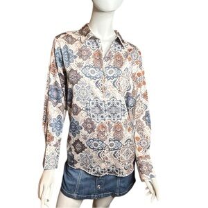 Rachel Zoe Women’s Medium Shirt Blouse Mandala Design Boho Blue Satiny
